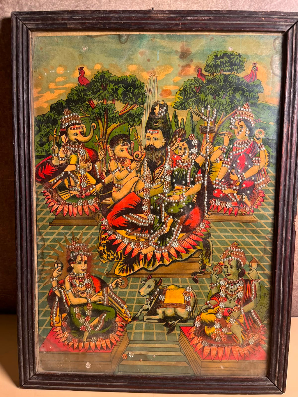 Vintage Shiv Panchayatan / Shiv Parivar Oleograph Print – 10 x 14 Inches