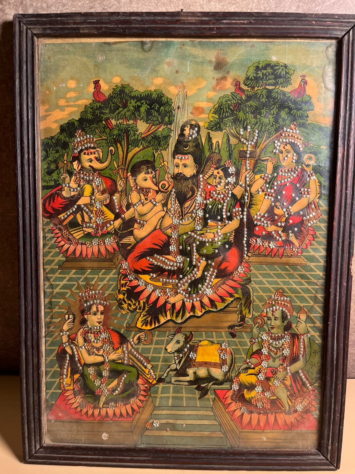 Vintage Shiv Panchayatan / Shiv Parivar Oleograph Print – 10 x 14 Inches