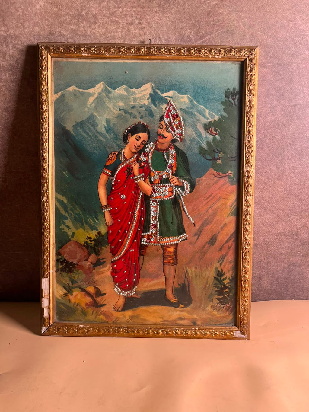 Antique German Oleograph Print with Taari Work – Ravi Varma Inspired Romantic Couple | Vintage Framed Artwork