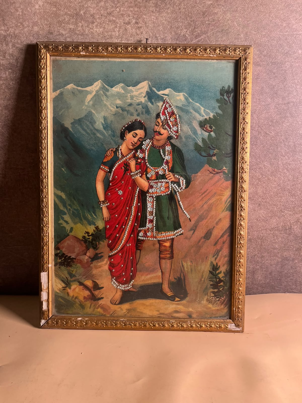 Antique German Oleograph Print with Taari Work – Ravi Varma Inspired Romantic Couple | Vintage Framed Artwork