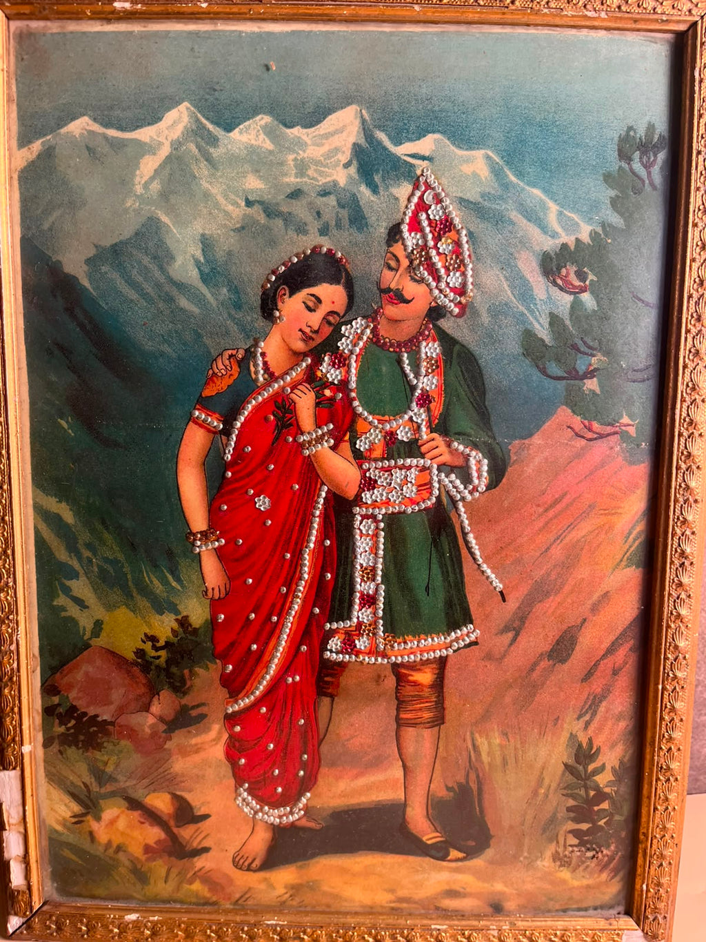 Antique German Oleograph Print with Taari Work – Ravi Varma Inspired Romantic Couple | Vintage Framed Artwork