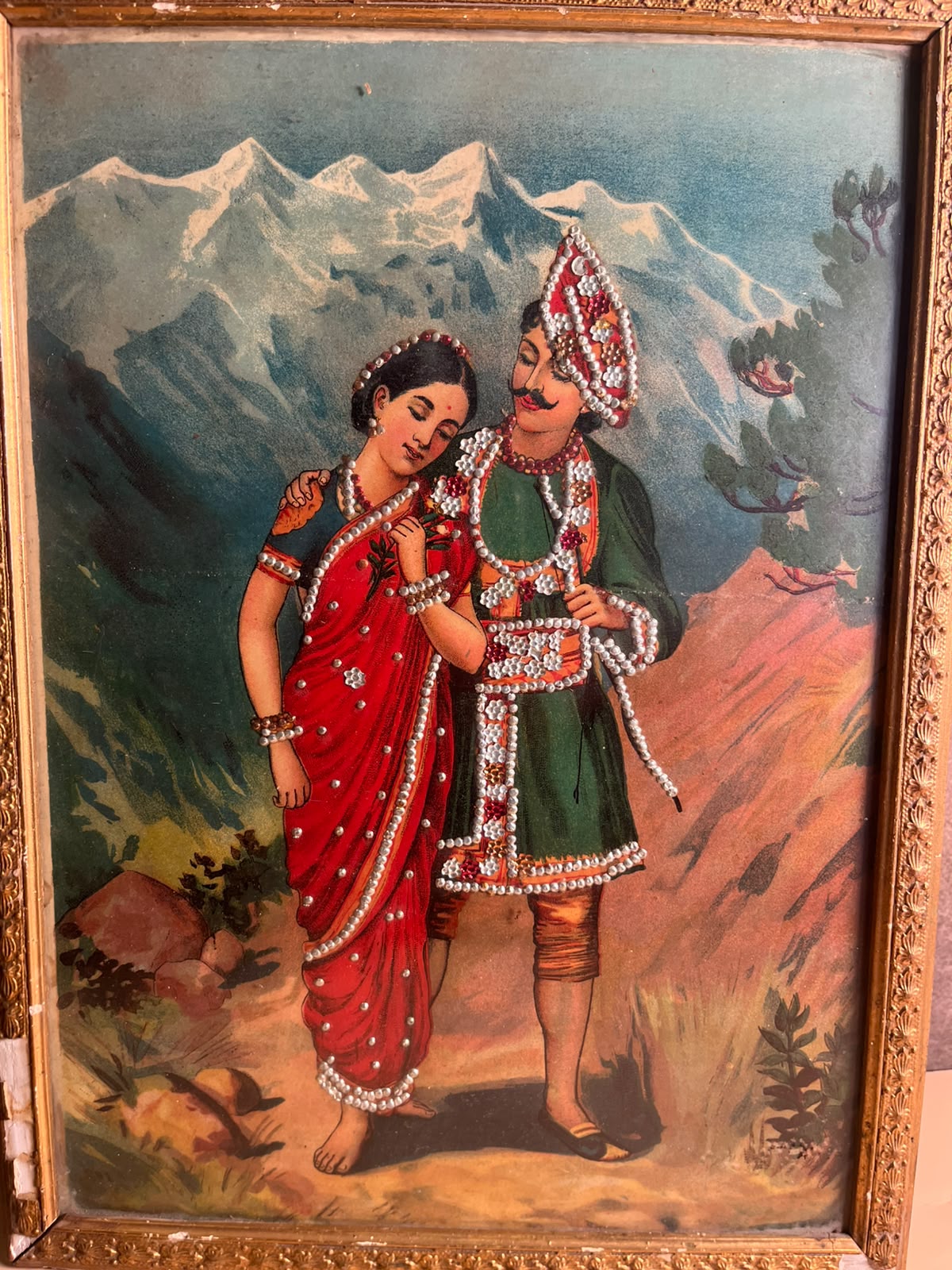 Antique German Oleograph Print with Taari Work – Ravi Varma Inspired Romantic Couple | Vintage Framed Artwork