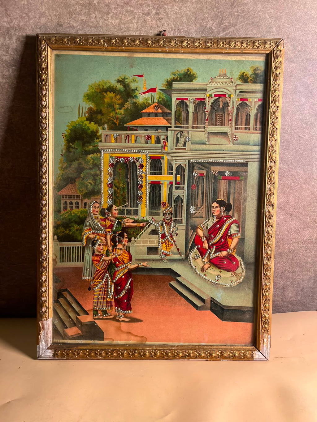 Antique Raja Ravi Varma Oleograph with Original Taari Work | Circa 1920