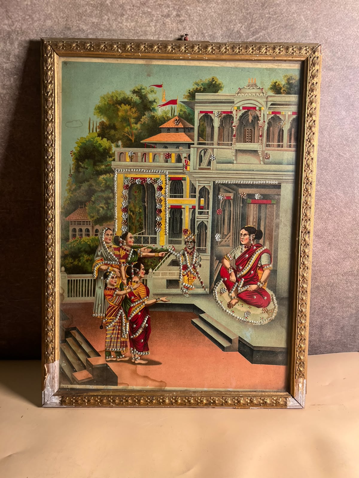Antique Raja Ravi Varma Oleograph with Original Taari Work | Circa 1920