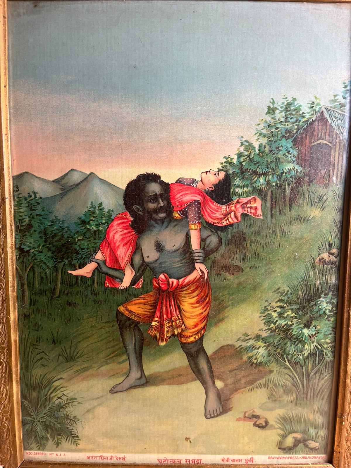 Antique Ravi Varma Press Oleograph – "Chandala Carrying an Unconscious Woman" (Circa 1910–1925)