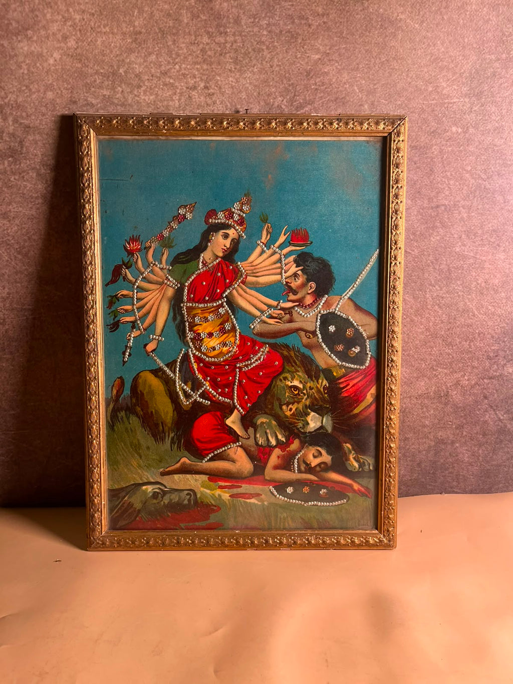 Antique Ravi Varma Press Oleograph – Mahishasura Mardini (Circa 1910–1925)