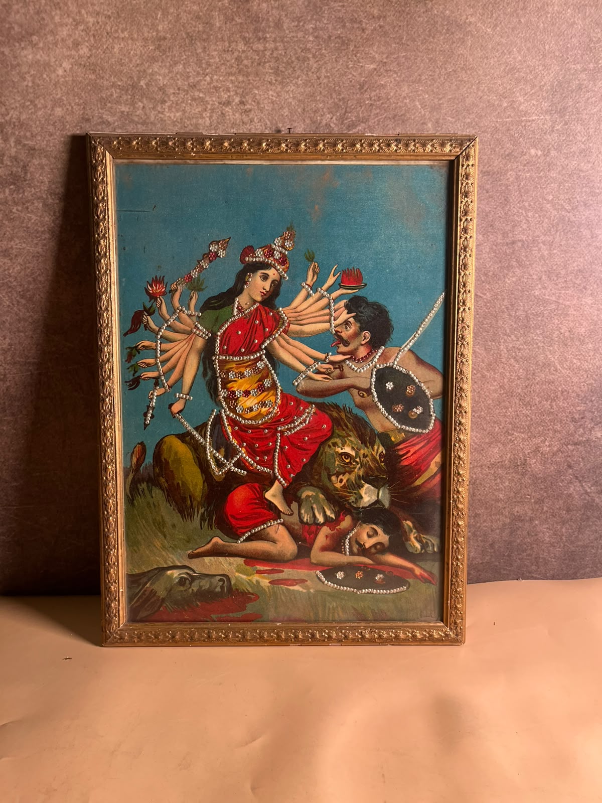 Antique Ravi Varma Press Oleograph – Mahishasura Mardini (Circa 1910–1925)