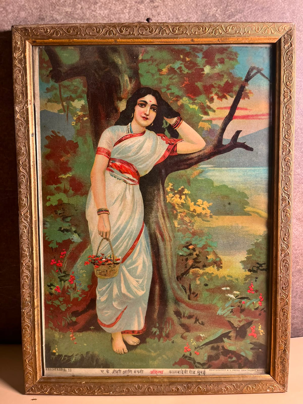Antique most rare  Ravi varma   Press Oleograph – Ahilya (Ahalya) | Original Vintage Print