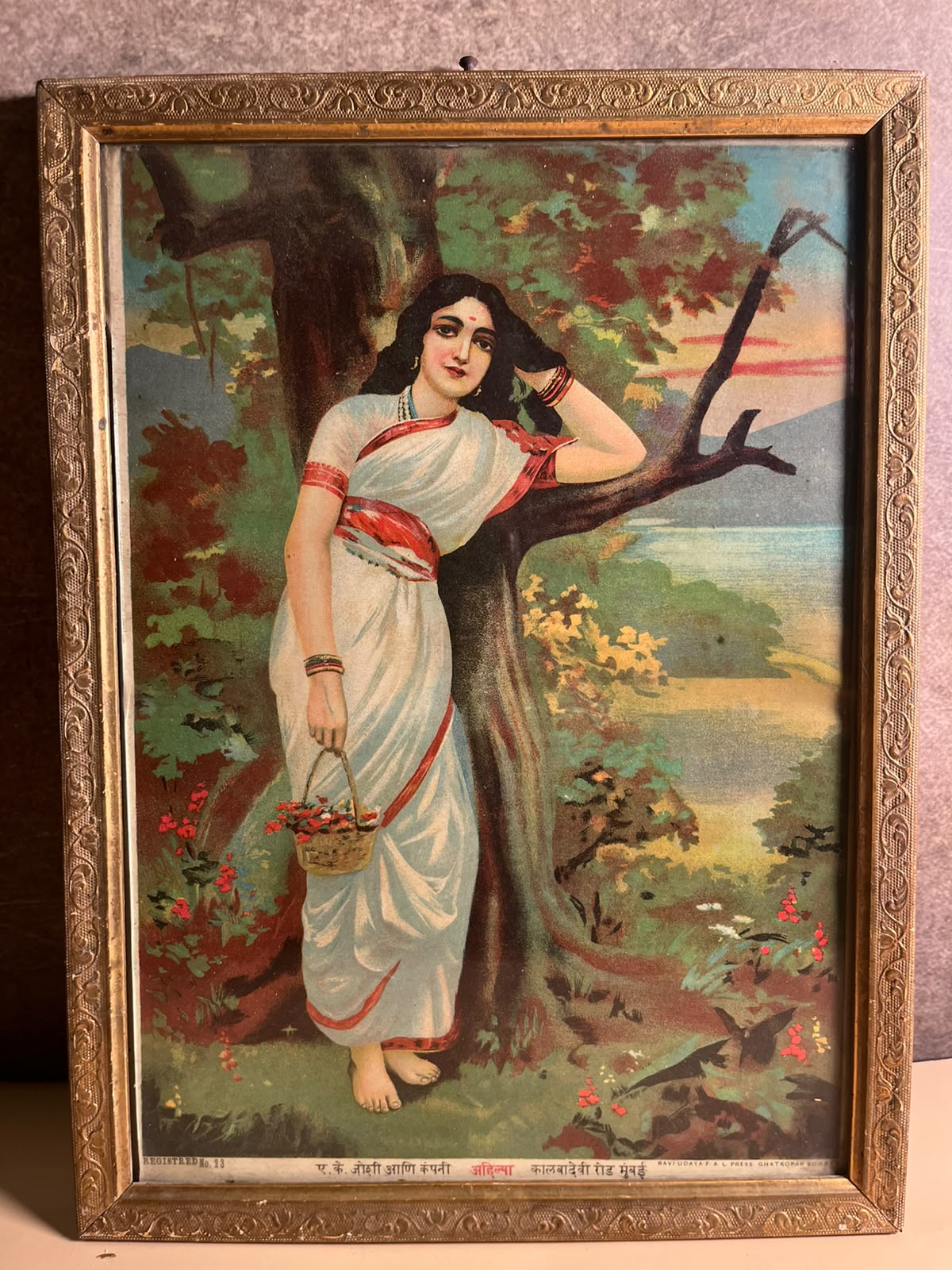 Antique most rare  Ravi varma   Press Oleograph – Ahilya (Ahalya) | Original Vintage Print