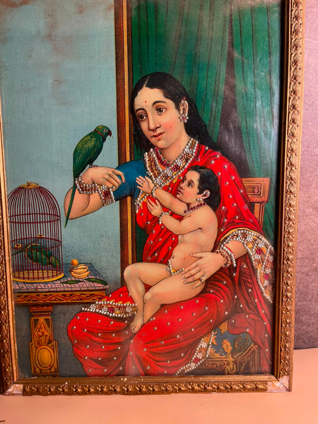 Rare Antique Ravi Varma Inspired Mother & Child Oleograph with Taari Work | Original Ravi Udaya F.A.L. Press, Bombay