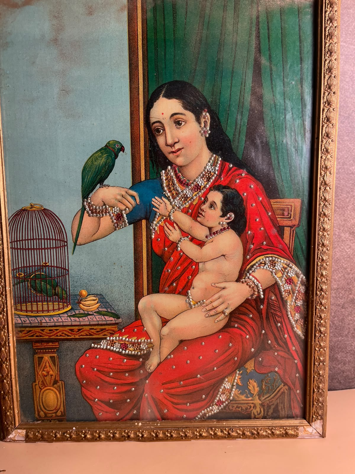 Rare Antique Ravi Varma Inspired Mother & Child Oleograph with Taari Work | Original Ravi Udaya F.A.L. Press, Bombay