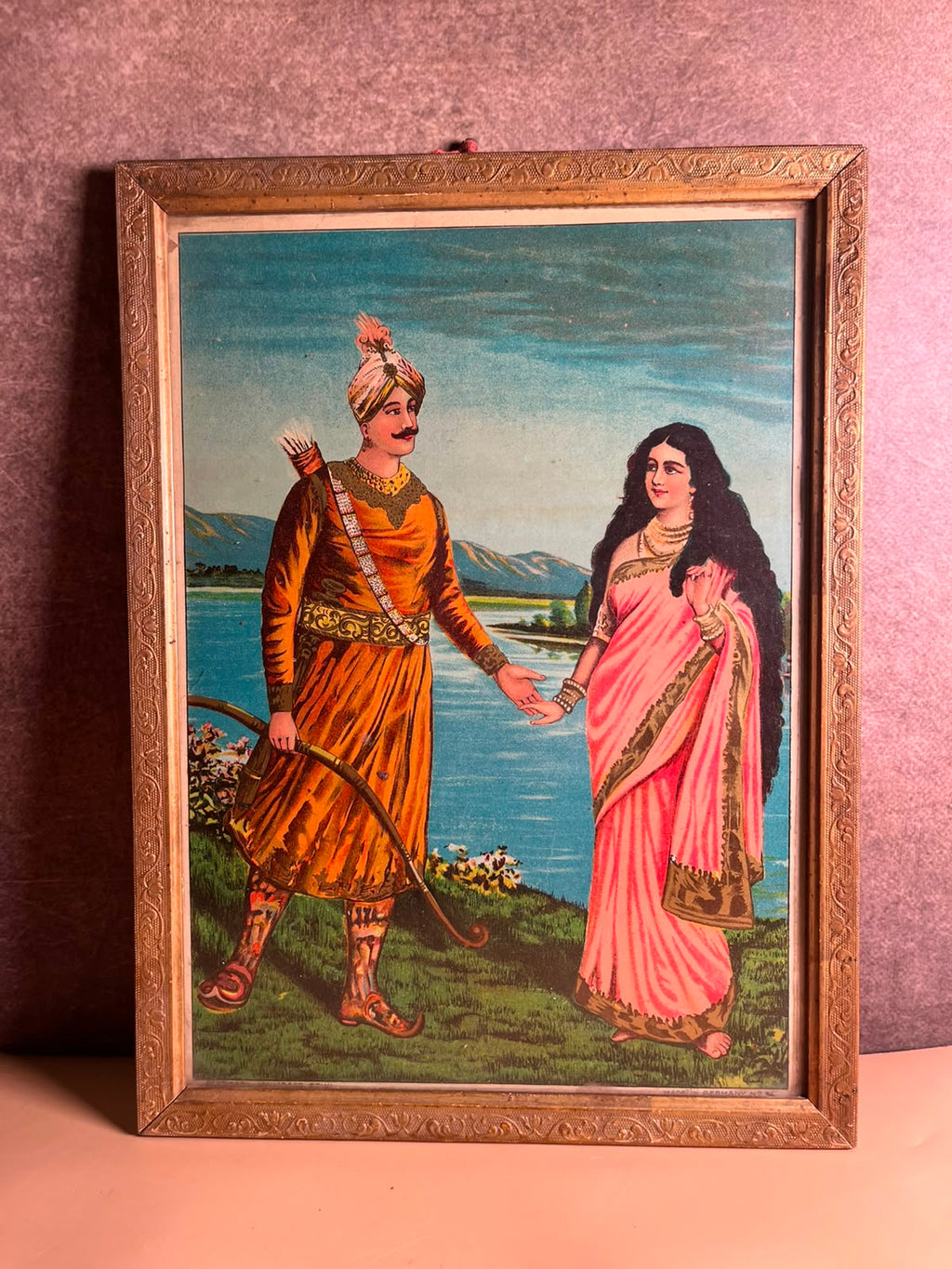 Rare Antique Ravi Varma Inspired Royal Couple Oleograph | Original Vintage Indian Chromolithograph