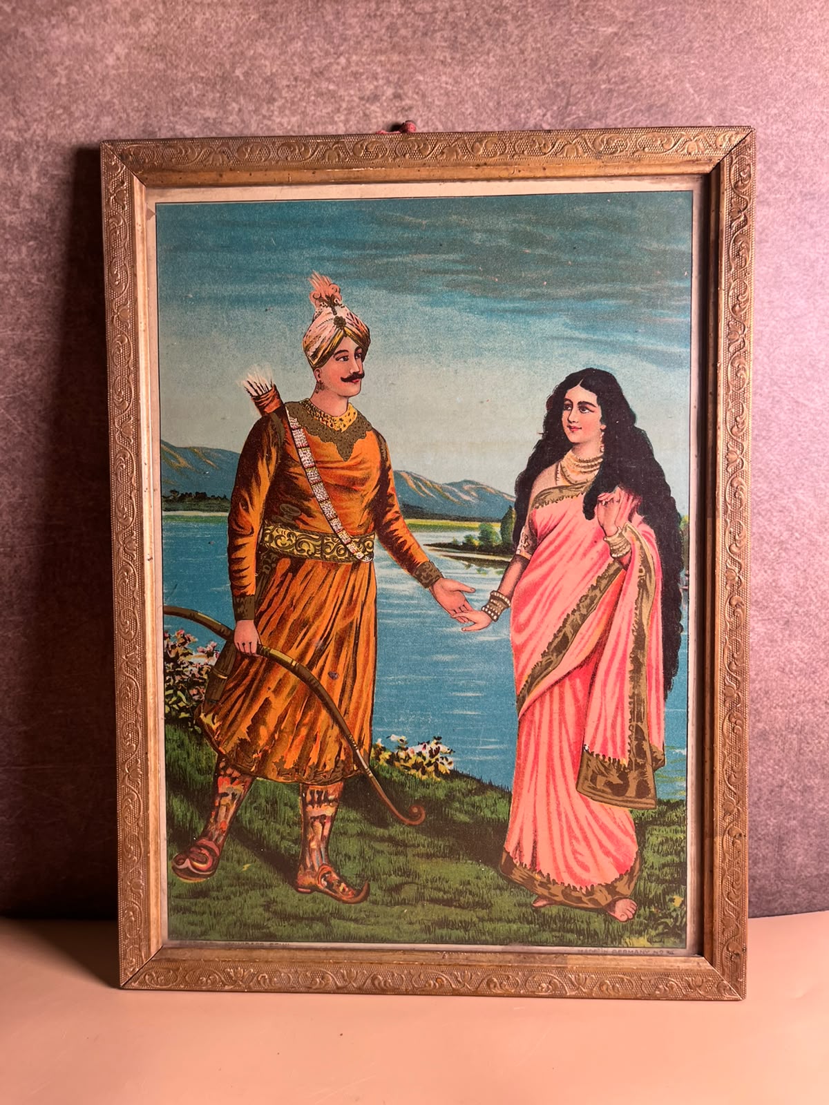 Rare Antique Ravi Varma Inspired Royal Couple Oleograph | Original Vintage Indian Chromolithograph