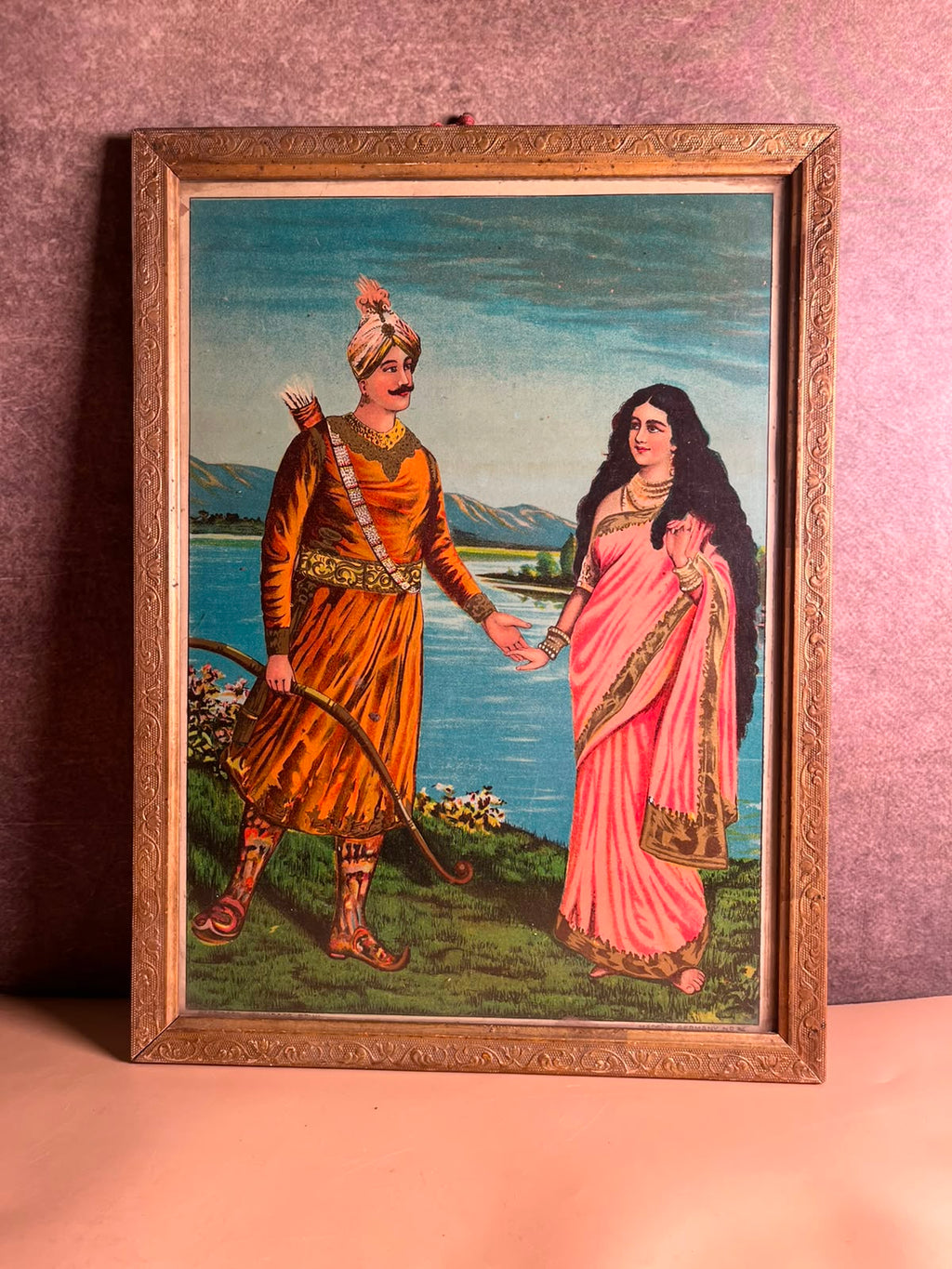 Rare Antique Ravi Varma Inspired Royal Couple Oleograph | Original Vintage Indian Chromolithograph