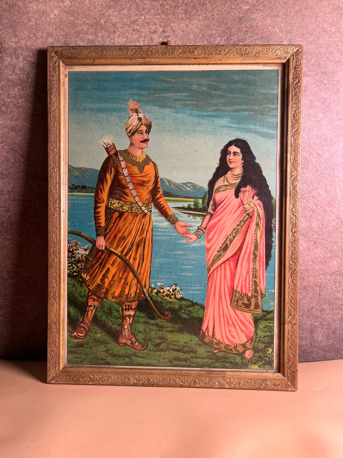 Rare Antique Ravi Varma Inspired Royal Couple Oleograph | Original Vintage Indian Chromolithograph