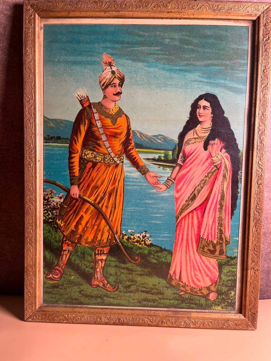 Rare Antique Ravi Varma Inspired Royal Couple Oleograph | Original Vintage Indian Chromolithograph