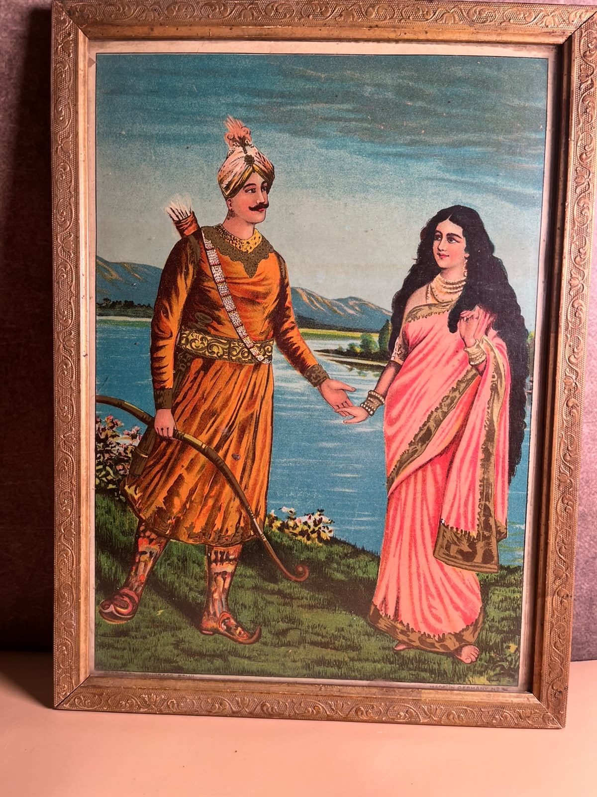 Rare Antique Ravi Varma Inspired Royal Couple Oleograph | Original Vintage Indian Chromolithograph