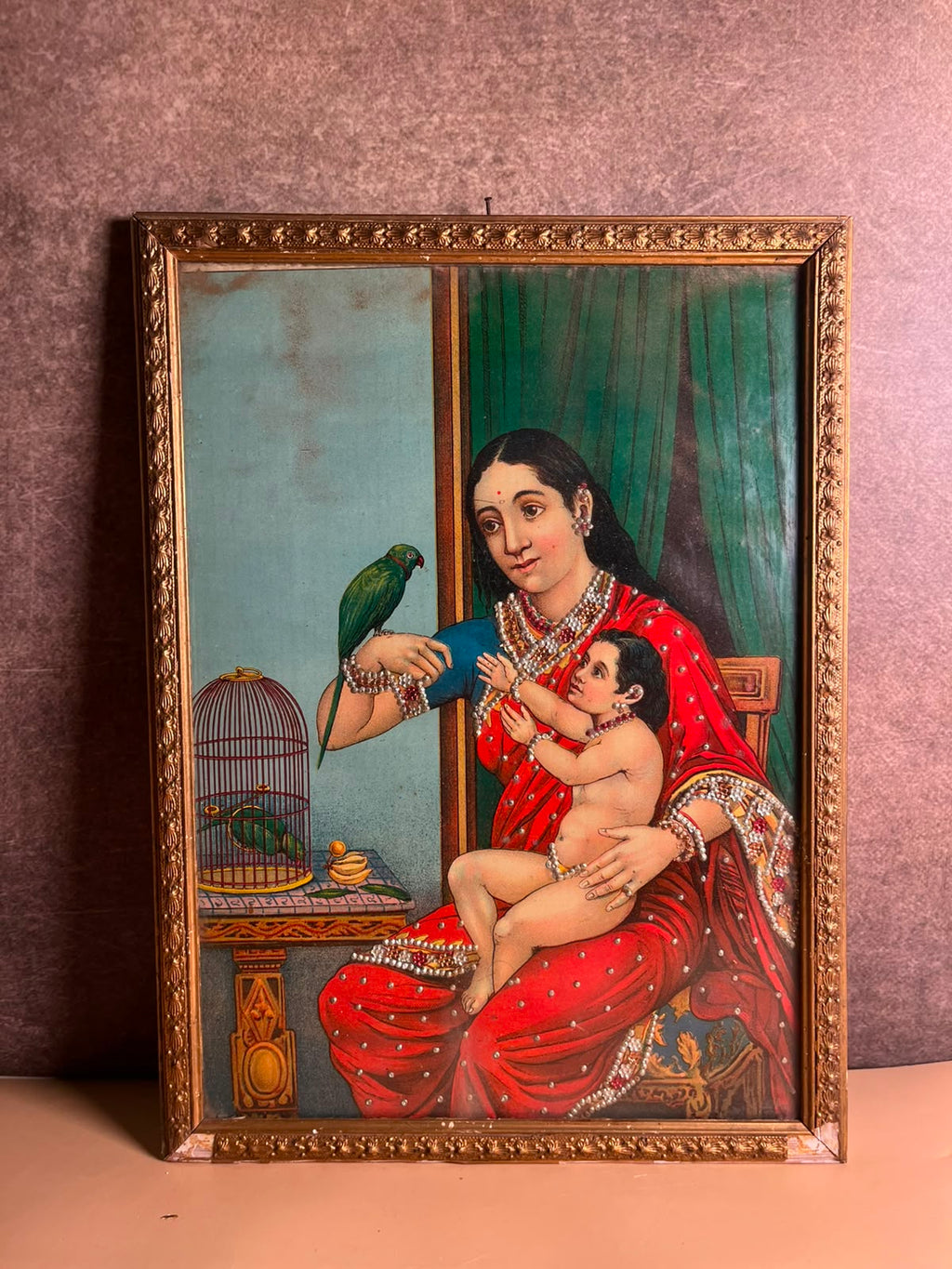 Rare Antique Ravi Varma Inspired Mother & Child Oleograph with Taari Work | Original Ravi Udaya F.A.L. Press, Bombay