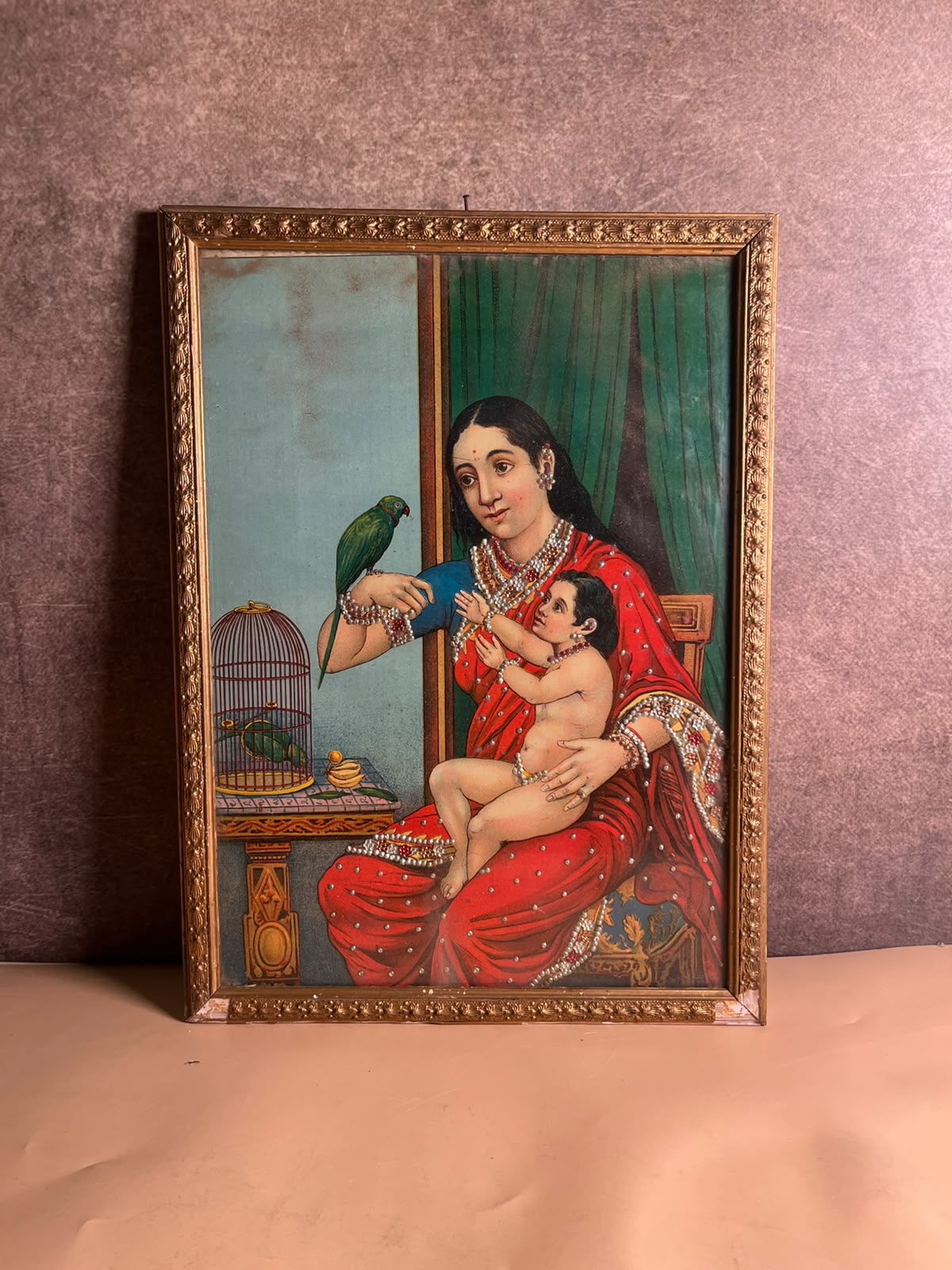 Rare Antique Ravi Varma Inspired Mother & Child Oleograph with Taari Work | Original Ravi Udaya F.A.L. Press, Bombay