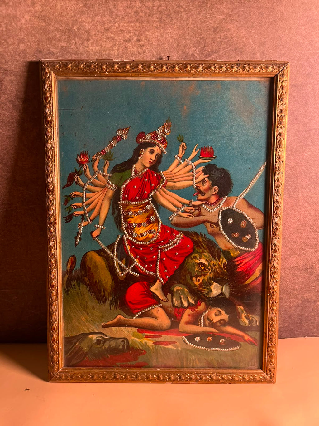 Antique Ravi Varma Press Oleograph – Mahishasura Mardini (Circa 1910–1925)