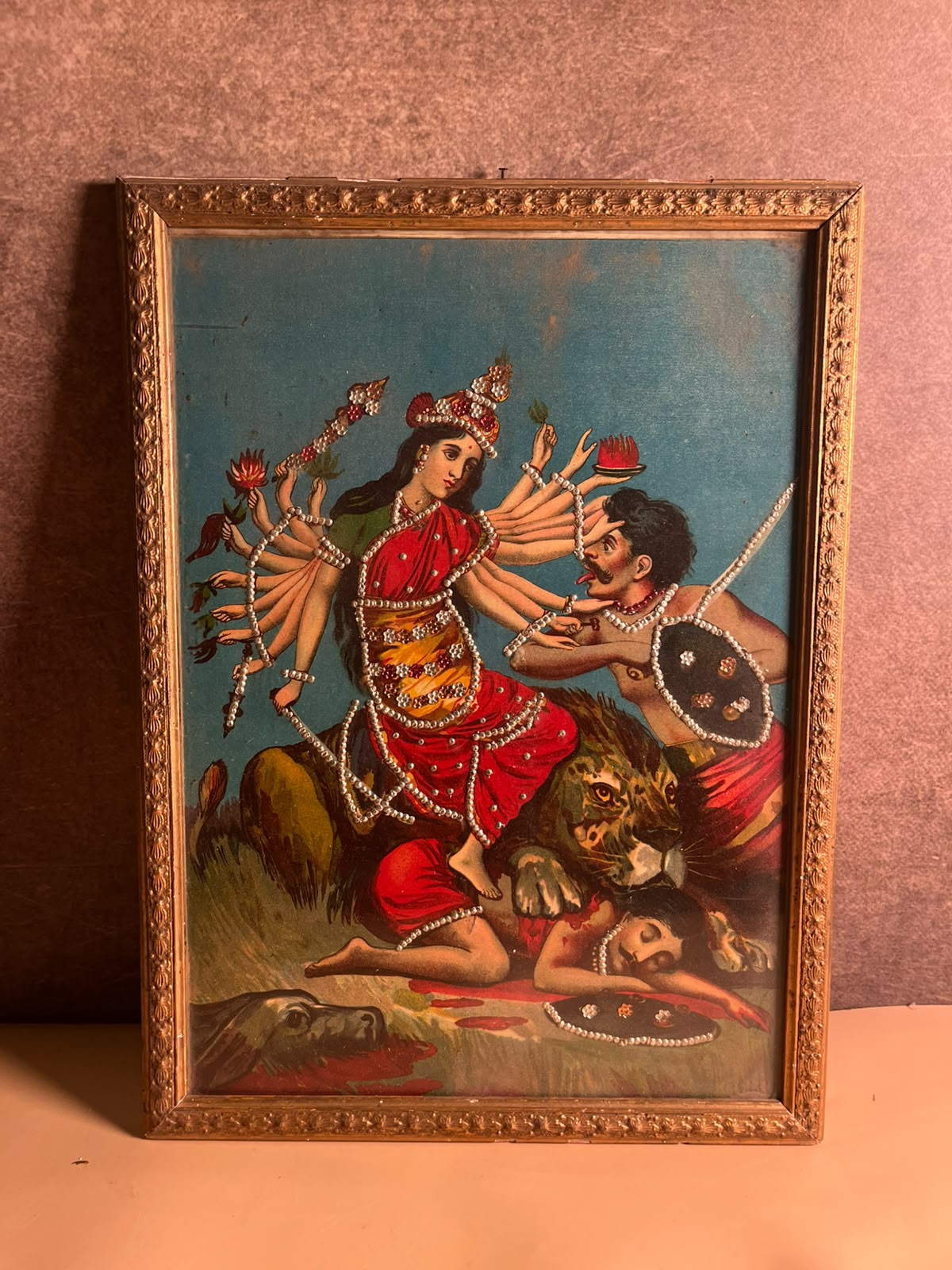 Antique Ravi Varma Press Oleograph – Mahishasura Mardini (Circa 1910–1925)