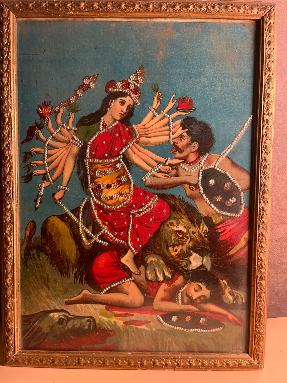 Antique Ravi Varma Press Oleograph – Mahishasura Mardini (Circa 1910–1925)