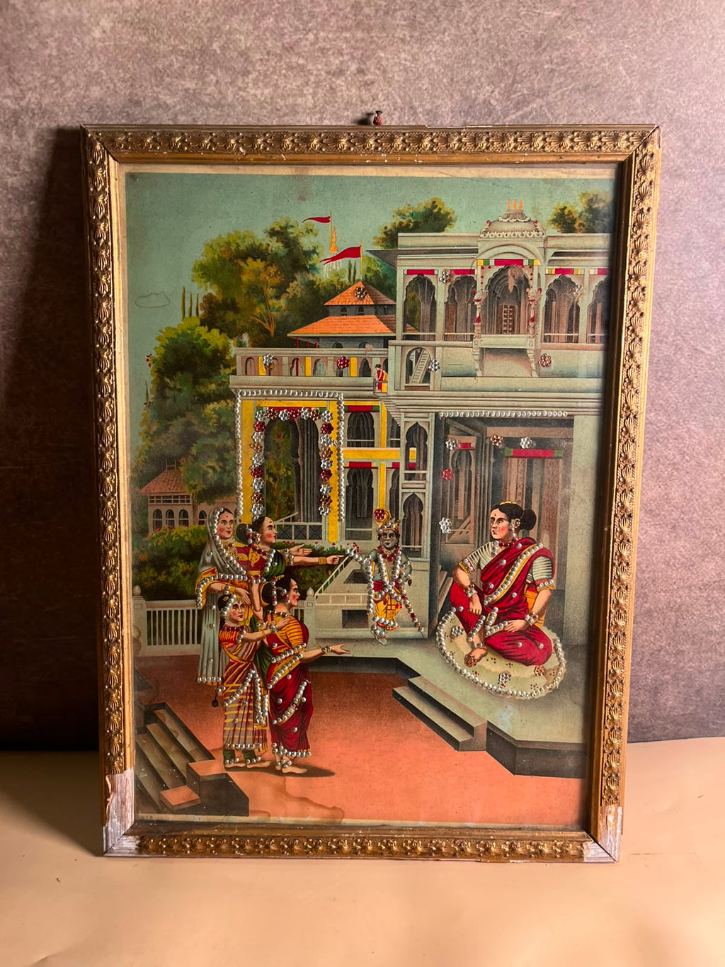 Antique Raja Ravi Varma Oleograph with Original Taari Work | Circa 1920