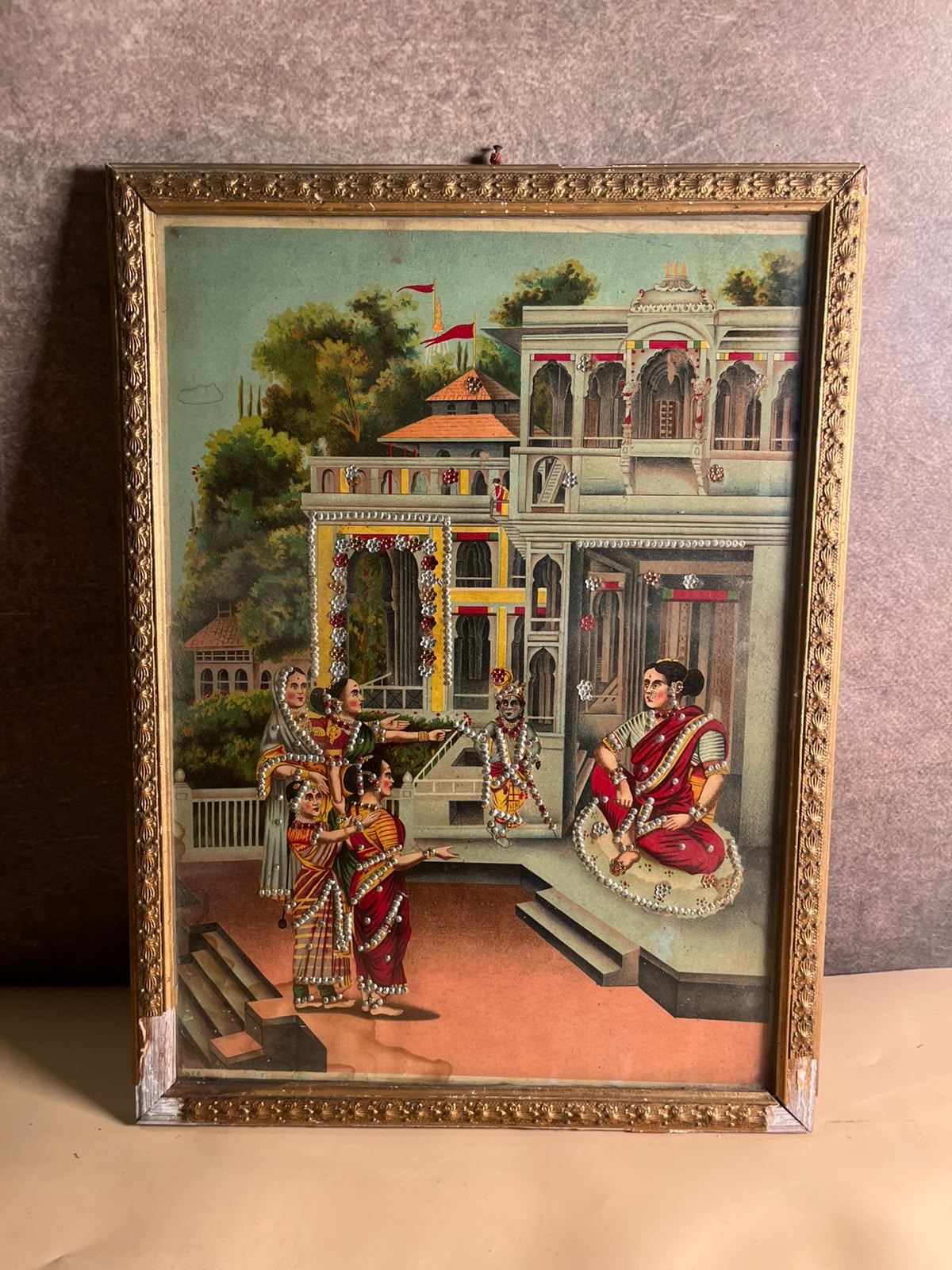 Antique Raja Ravi Varma Oleograph with Original Taari Work | Circa 1920