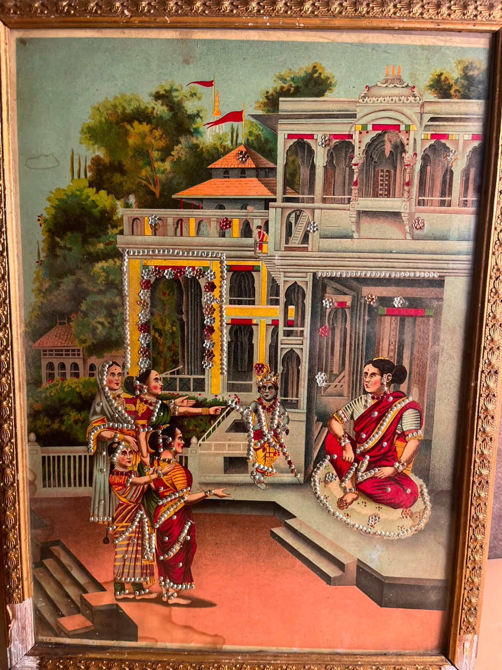 Antique Raja Ravi Varma Oleograph with Original Taari Work | Circa 1920