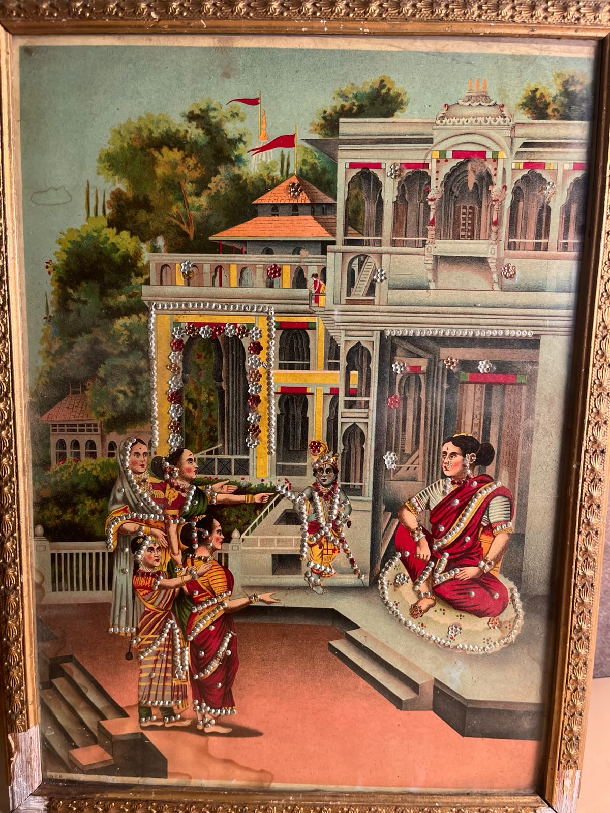 Antique Raja Ravi Varma Oleograph with Original Taari Work | Circa 1920