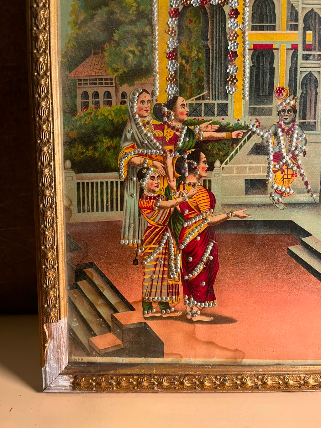 Antique Raja Ravi Varma Oleograph with Original Taari Work | Circa 1920