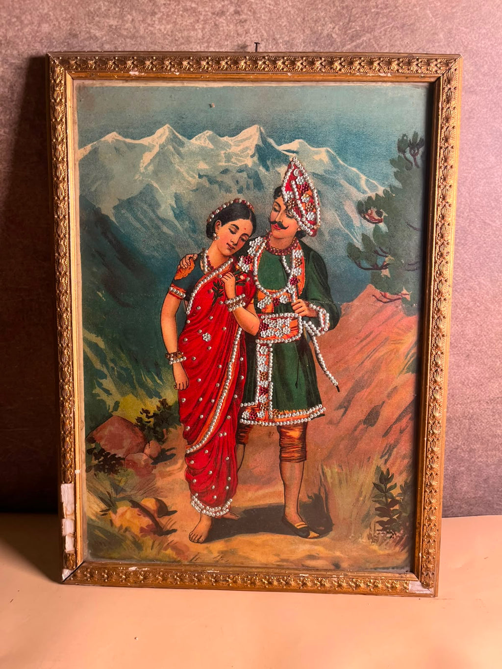 Antique German Oleograph Print with Taari Work – Ravi Varma Inspired Romantic Couple | Vintage Framed Artwork