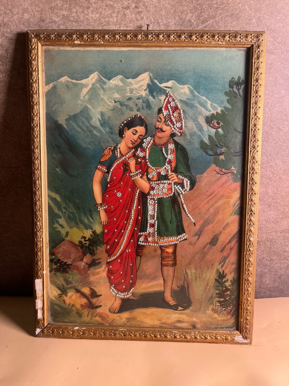 Antique German Oleograph Print with Taari Work – Ravi Varma Inspired Romantic Couple | Vintage Framed Artwork