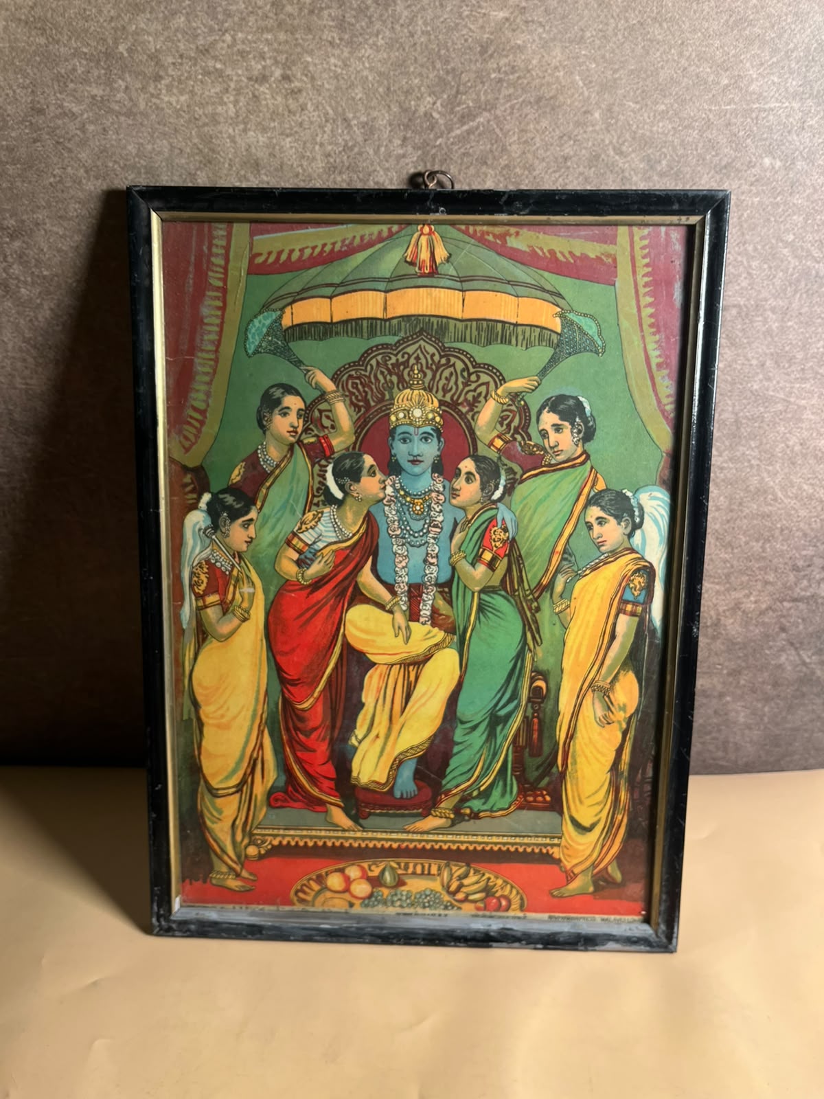 Rare Antique Ravi Varma Press Oleograph of Lord Krishna with Attendants