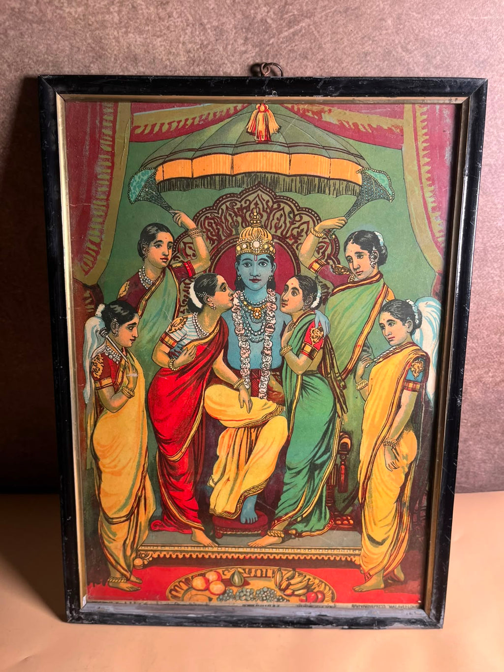 Rare Antique Ravi Varma Press Oleograph of Lord Krishna with Attendants