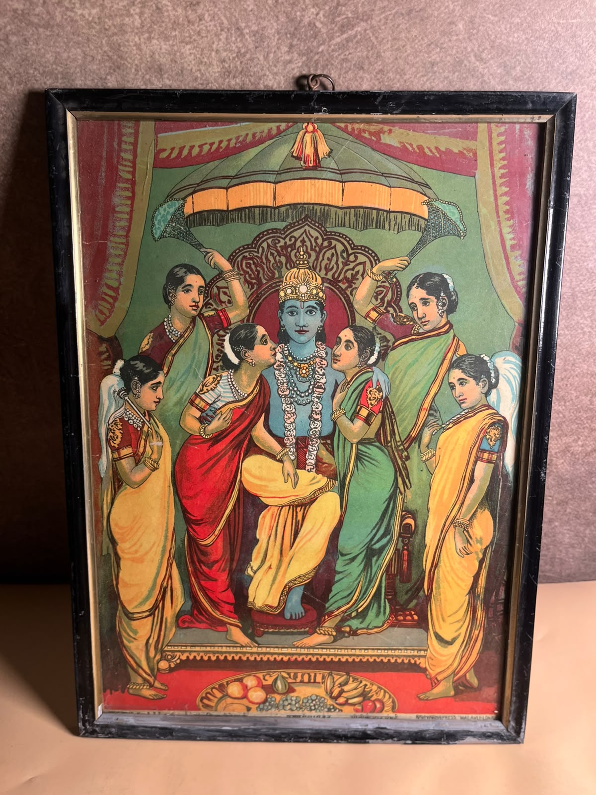 Rare Antique Ravi Varma Press Oleograph of Lord Krishna with Attendants