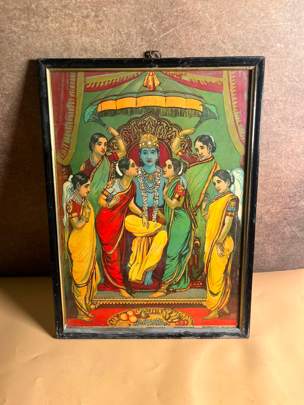 Rare Antique Ravi Varma Press Oleograph of Lord Krishna with Attendants
