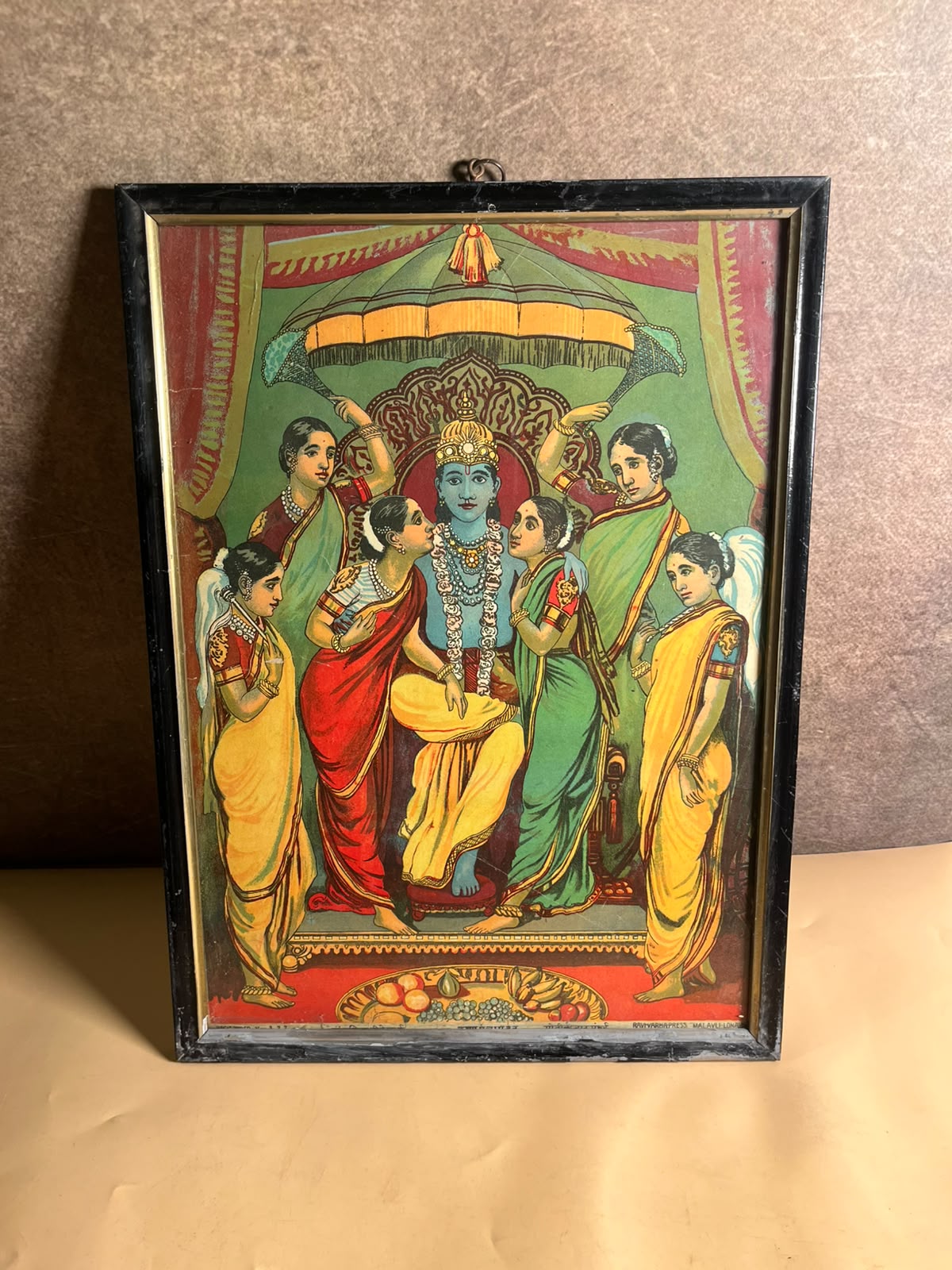 Rare Antique Ravi Varma Press Oleograph of Lord Krishna with Attendants
