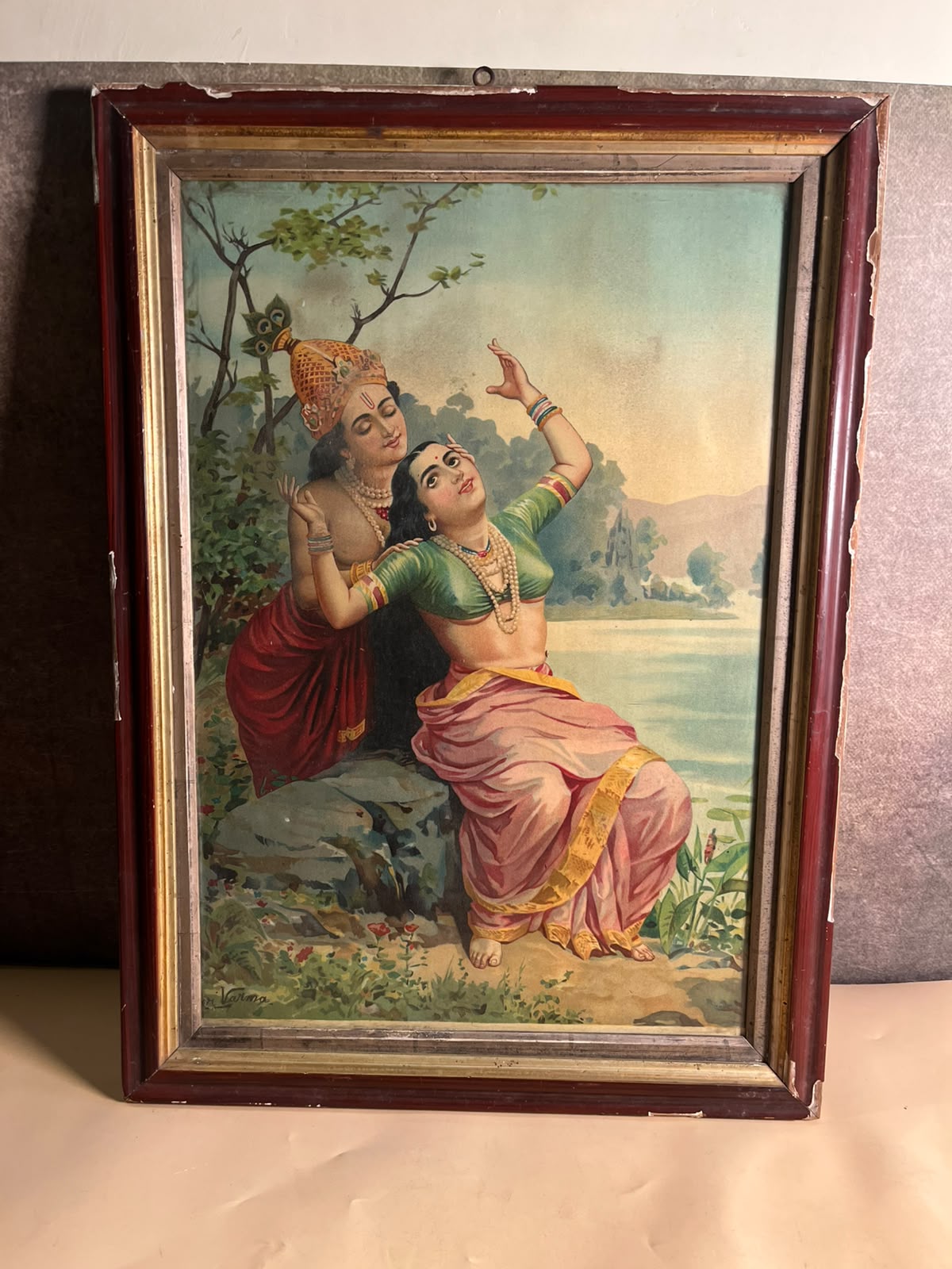 Original Ravi Varma Oleograph Print – Radha Krishna | Antique Indian Art