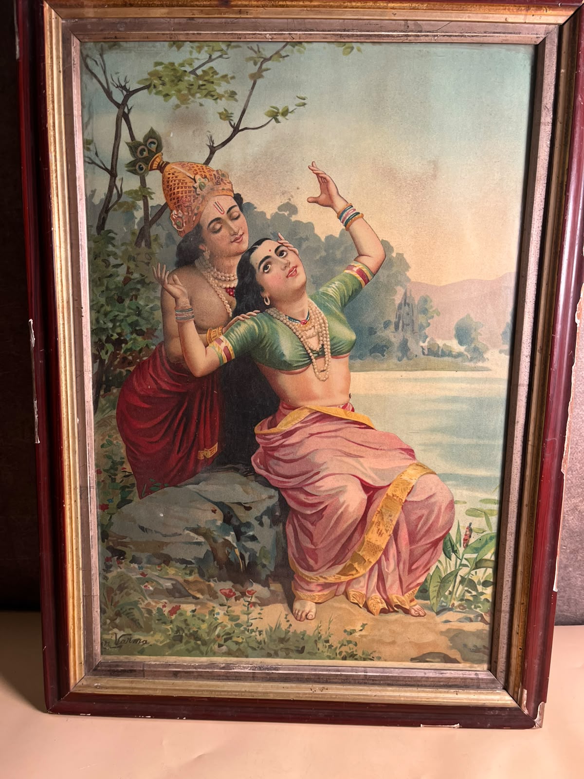 Original Ravi Varma Oleograph Print – Radha Krishna | Antique Indian Art