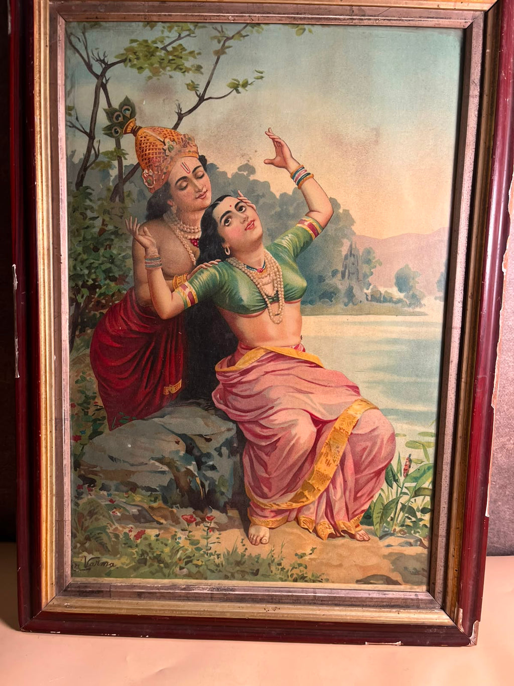 Original Ravi Varma Oleograph Print – Radha Krishna | Antique Indian Art