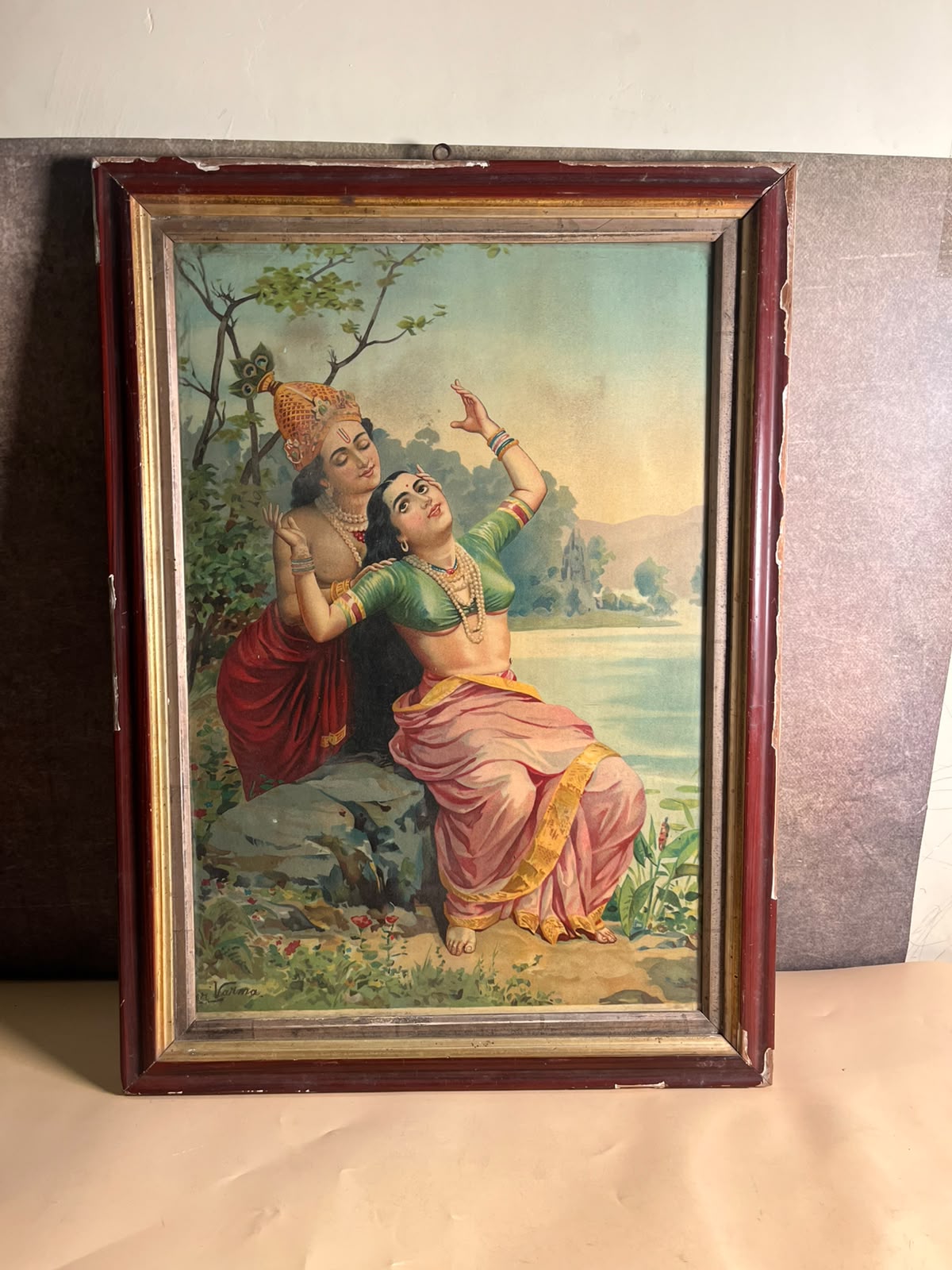 Original Ravi Varma Oleograph Print – Radha Krishna | Antique Indian Art