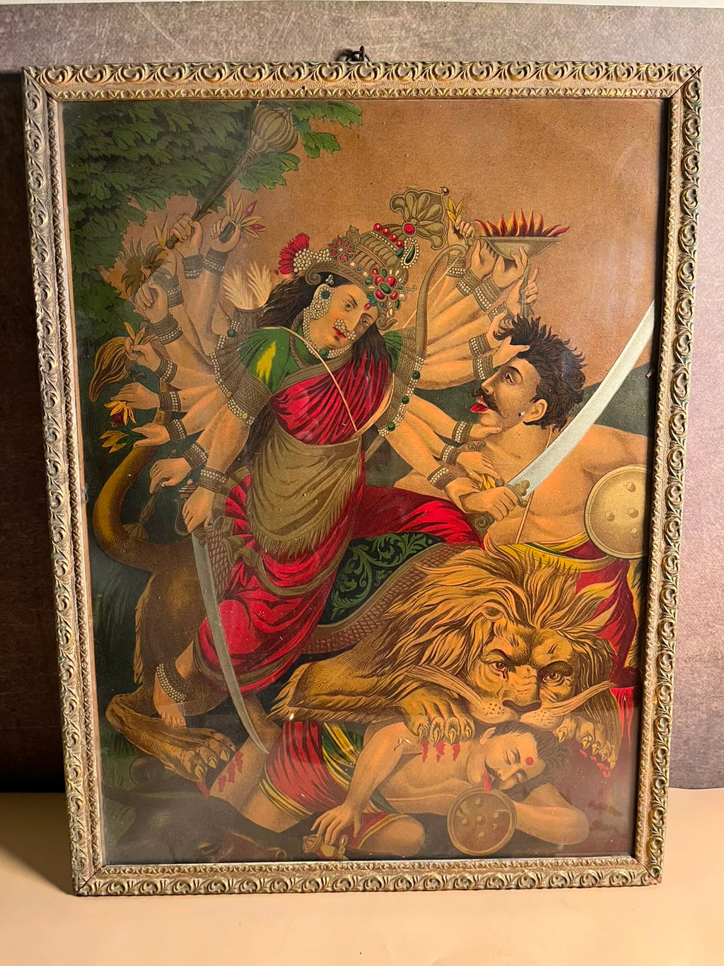 Rare Antique Mahishasuramardini Oleograph – Ravi Varma Press Tradition | 14 × 20 Inches