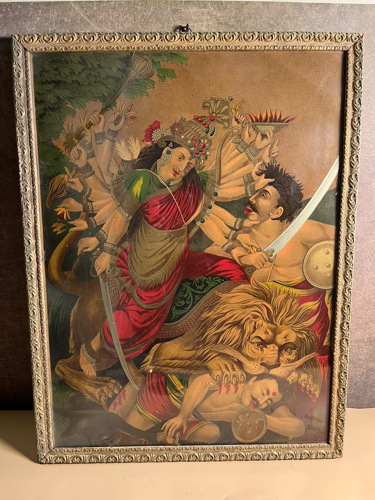 Rare Antique Mahishasuramardini Oleograph – Ravi Varma Press Tradition | 14 × 20 Inches