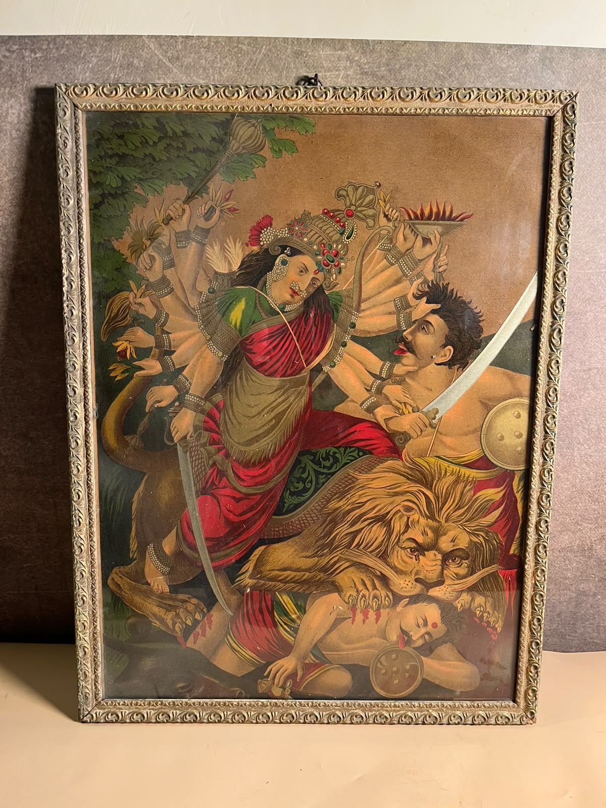 Rare Antique Mahishasuramardini Oleograph – Ravi Varma Press Tradition | 14 × 20 Inches
