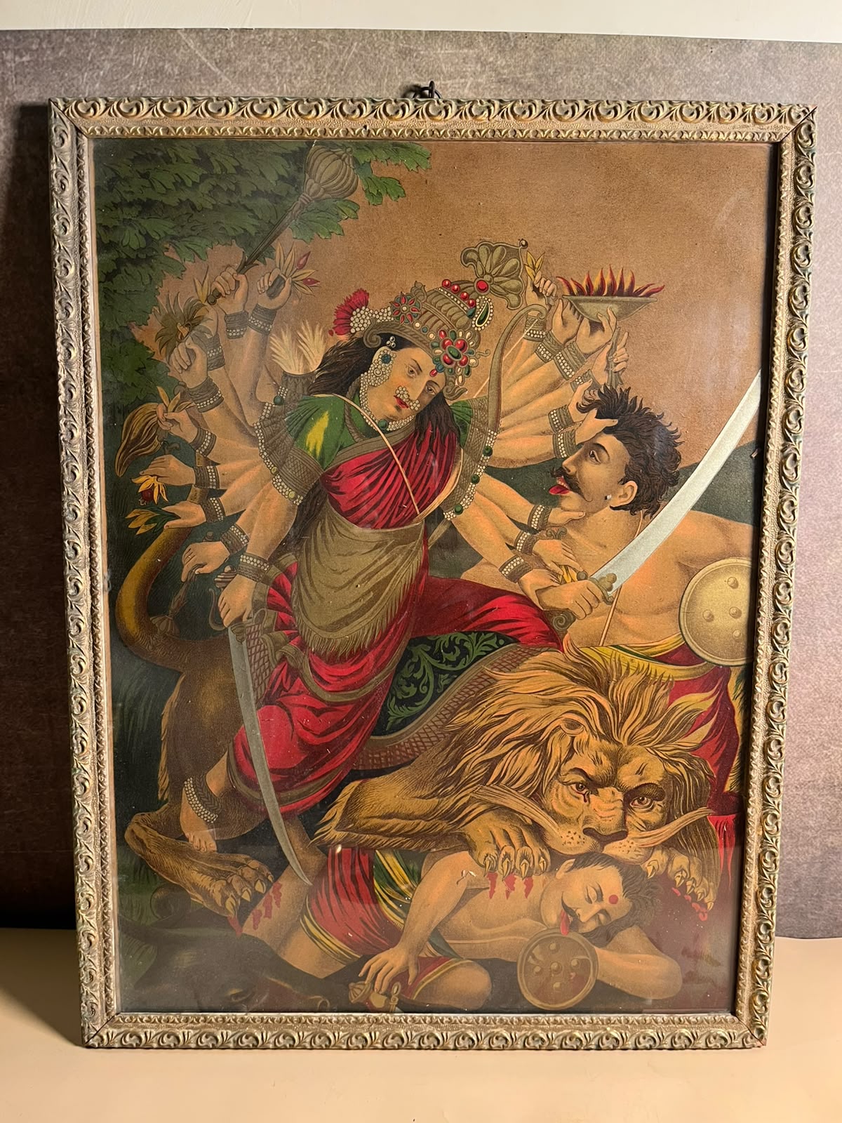Rare Antique Mahishasuramardini Oleograph – Ravi Varma Press Tradition | 14 × 20 Inches