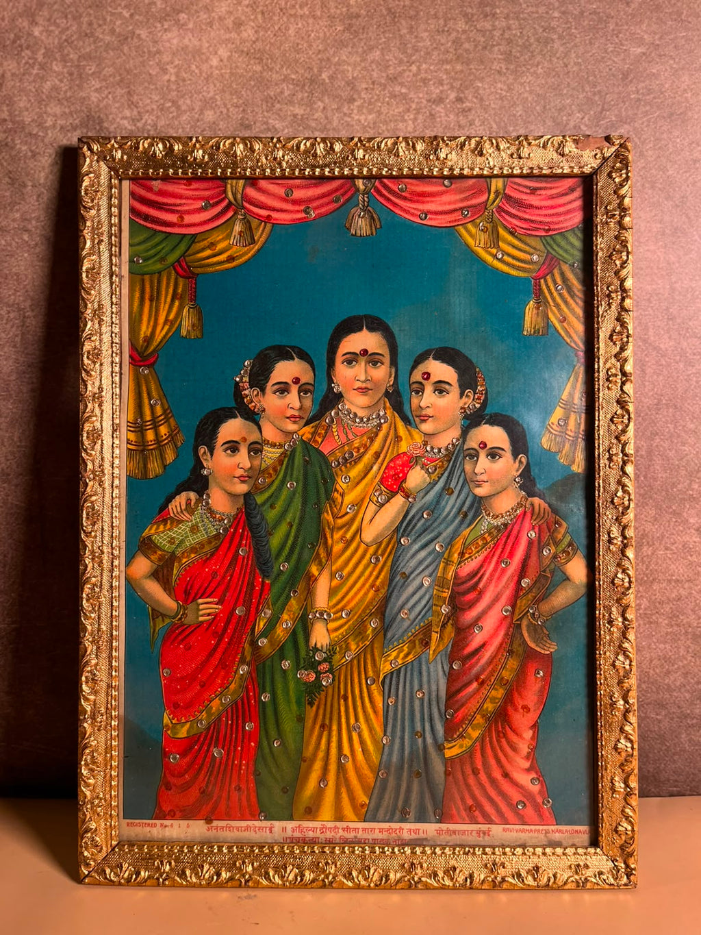 Vintage Ravi Varma Press Panch Kanya Oleograph – Embellished & Framed | 10 × 14 Inches