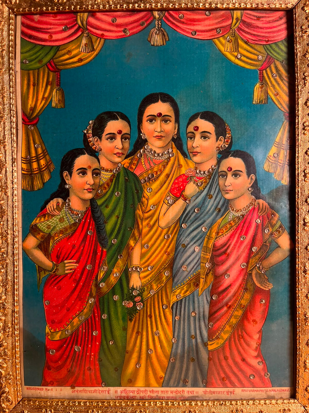 Vintage Ravi Varma Press Panch Kanya Oleograph – Embellished & Framed | 10 × 14 Inches