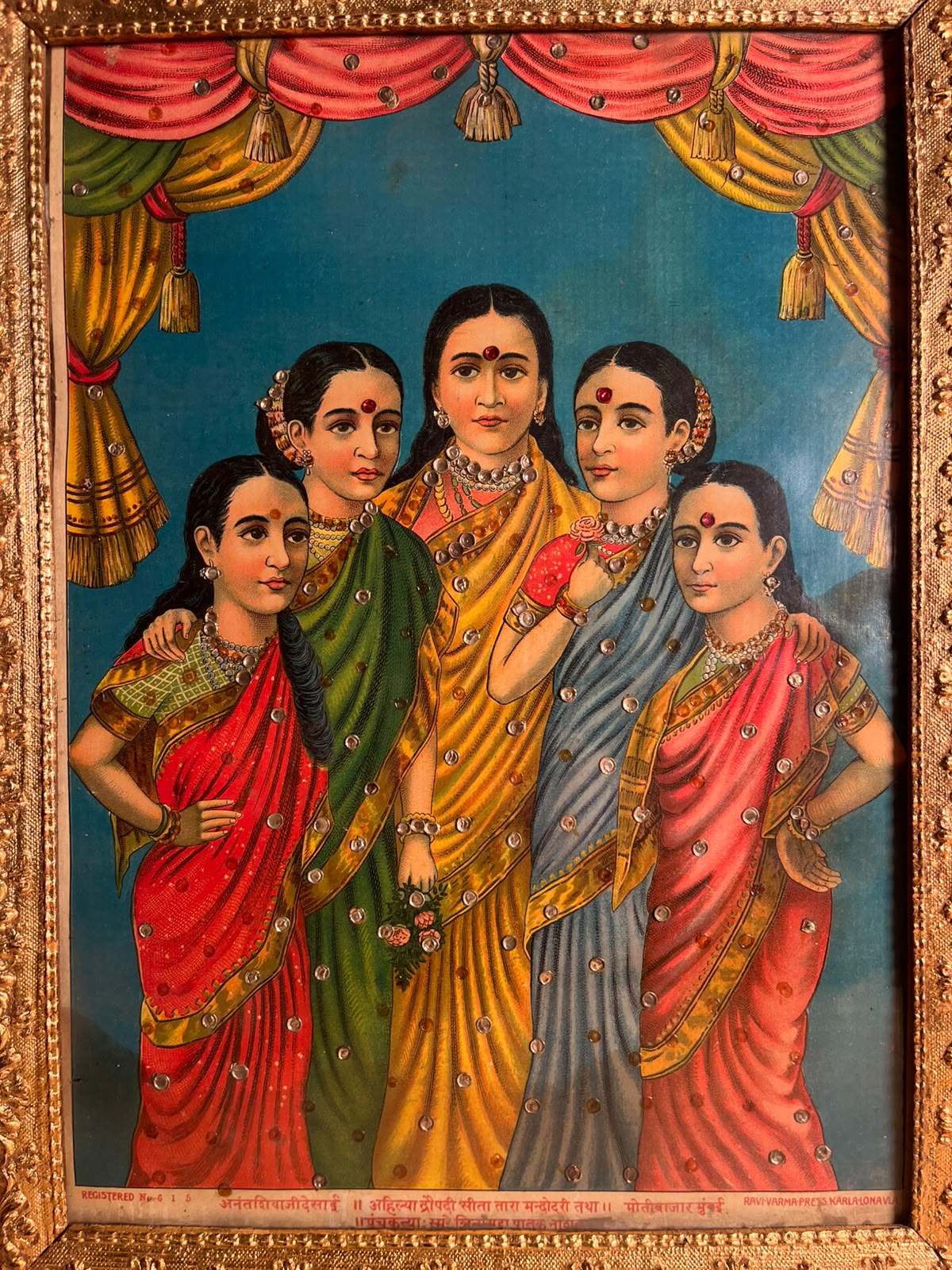 Vintage Ravi Varma Press Panch Kanya Oleograph – Embellished & Framed | 10 × 14 Inches