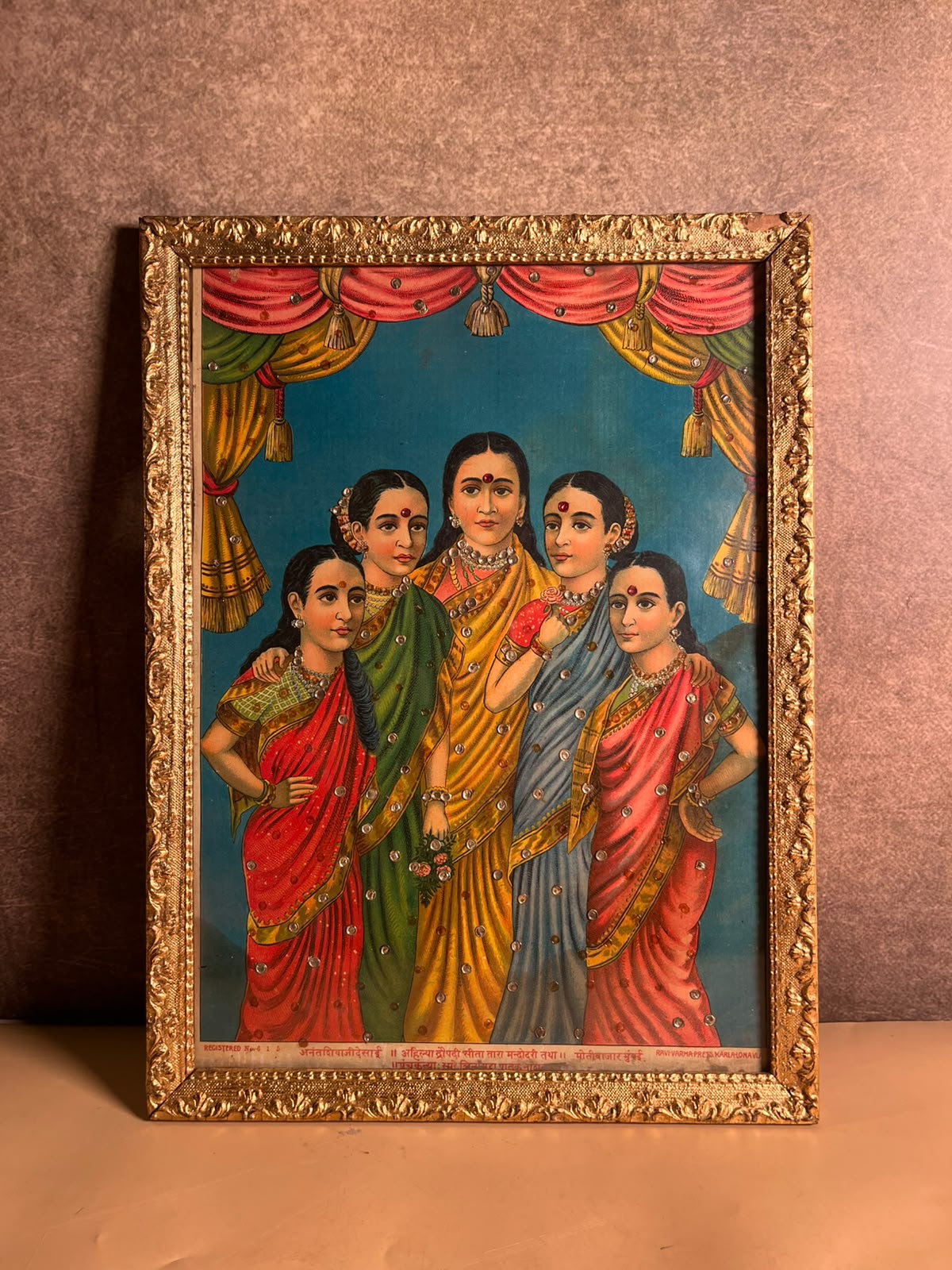 Vintage Ravi Varma Press Panch Kanya Oleograph – Embellished & Framed | 10 × 14 Inches